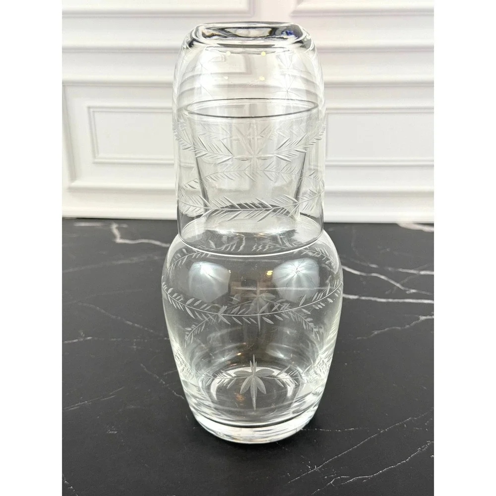 VTG Floral Etched Clear Crystal Carafe with Water Glass Set 7